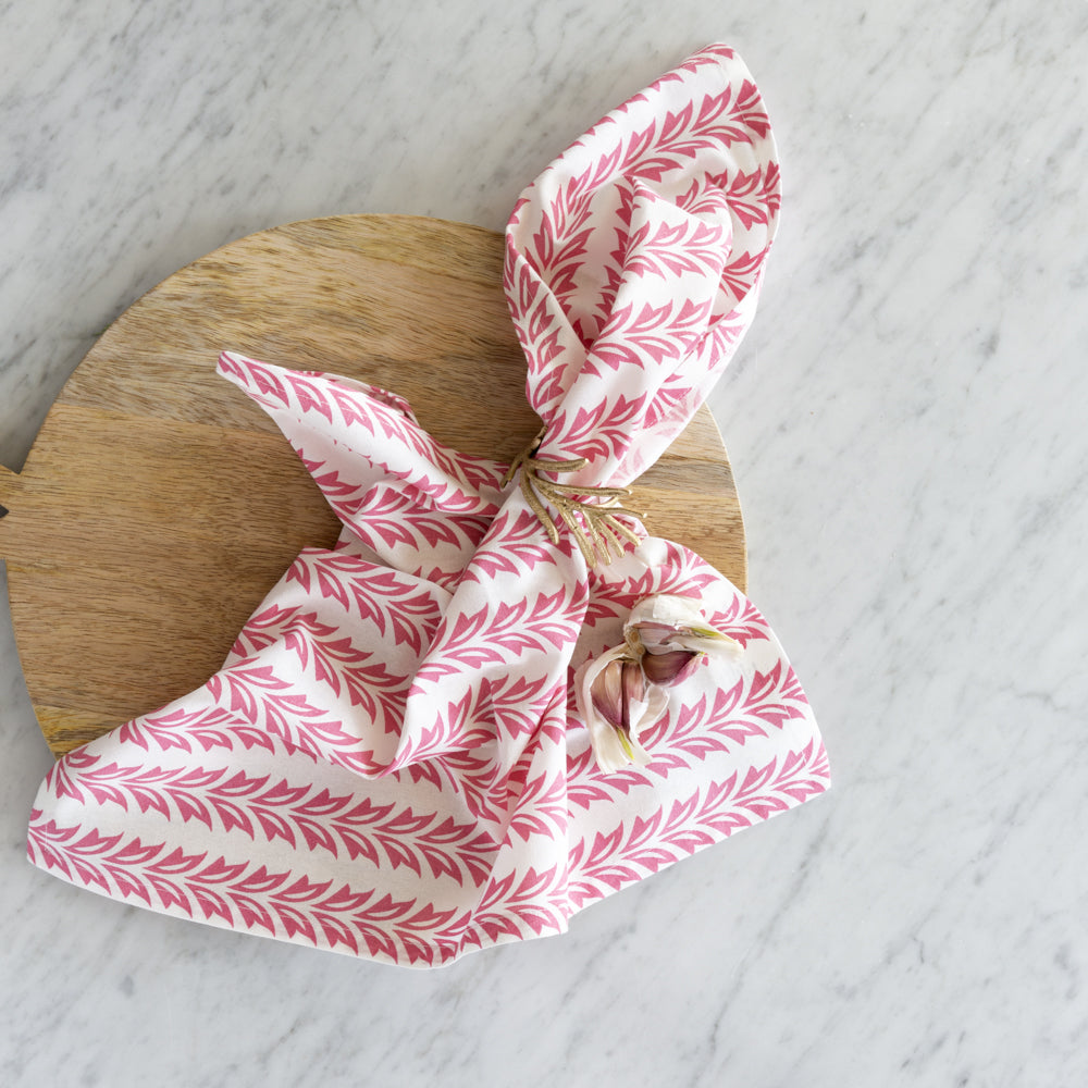 Cotton Napkin Pink Leaf Stripe Set of Four