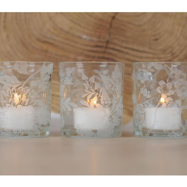 Set of Three Etched Glass Botanical Design Tealight Holders
