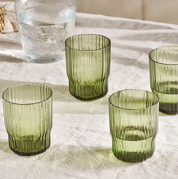 Fine Ribbed Glass Tumblers - Olive - Set of Four