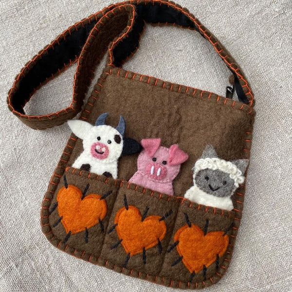 Felt should bag with farm animal finger puppets fairtrade made in Nepal