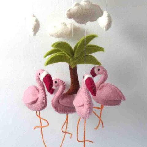 Felt Flamingo Mobile with palm tree and clouds fairtrade