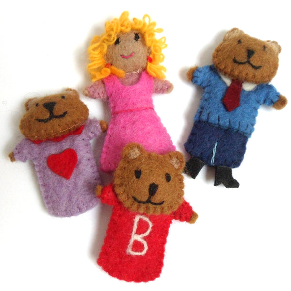 Handmade Fairtrade Felt Finger Puppet Set Goldilocks and three bears