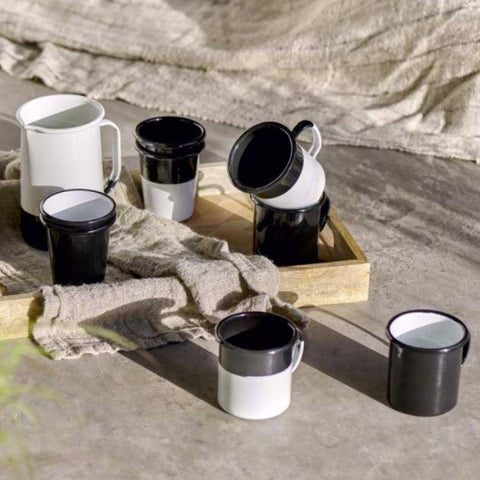 Black and White Enamelware Cups Mugs Beakers Jugs 