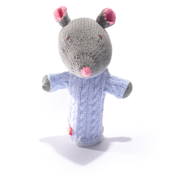 ChunkiChilli hand-knitted organic cotton hand puppet mouse in cable sweater