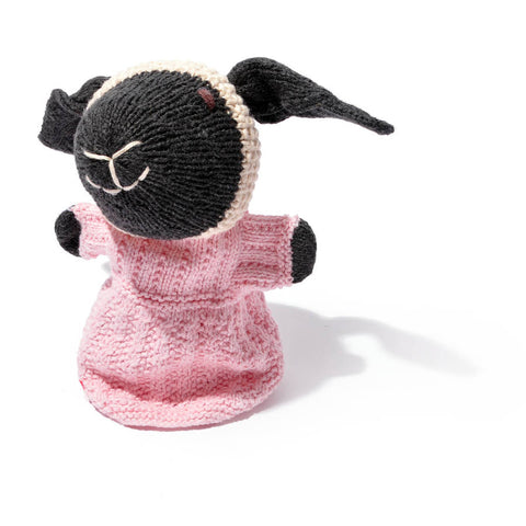Hand Knitted Organic Cotton Hand Puppet Sheep in Pink Dress Chunki Chilli