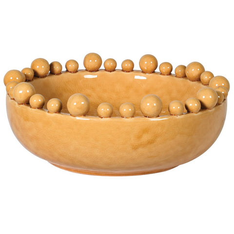 Large Mustard Ceramic Bowl with Bobbles on Rim