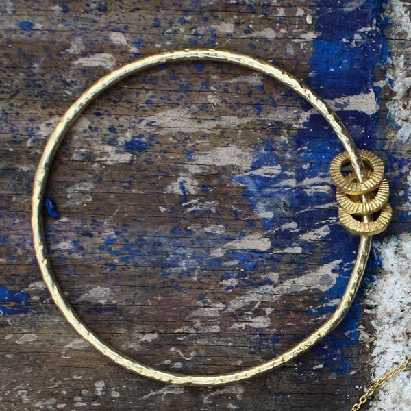 Gold Plated Hammered Bangle with Hammered Hoop Charms