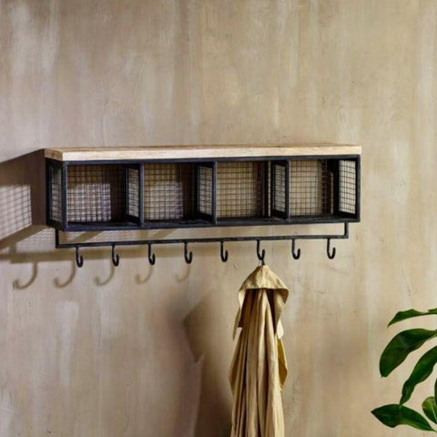 Industrial Mango Wood and Iron Wall Hung Unit Cubby Holes and Hooks