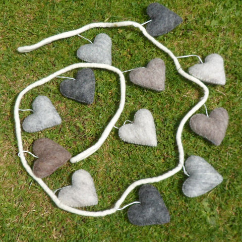 Handmade Felt Heart Bunting Fairtrade made in Nepal Greys