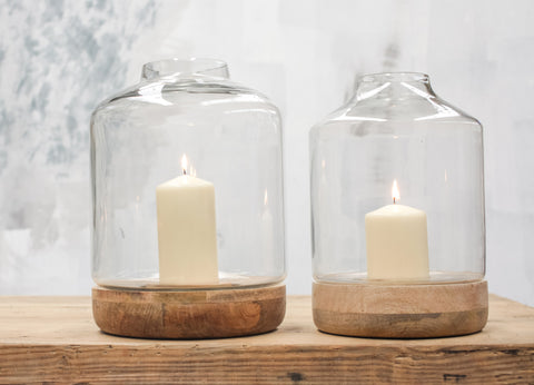 Bottle Shape Glass Hurricane Lantern with Wood Base - Greige - Home & Garden - Chiswick, London W4 