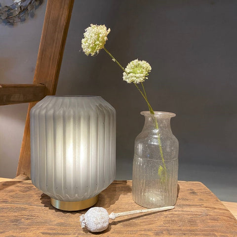 Small battery powered LED lamp grey green glass and brass