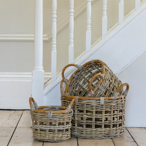 Set of Three Kabu Rattan Round Storage Baskets with Handles