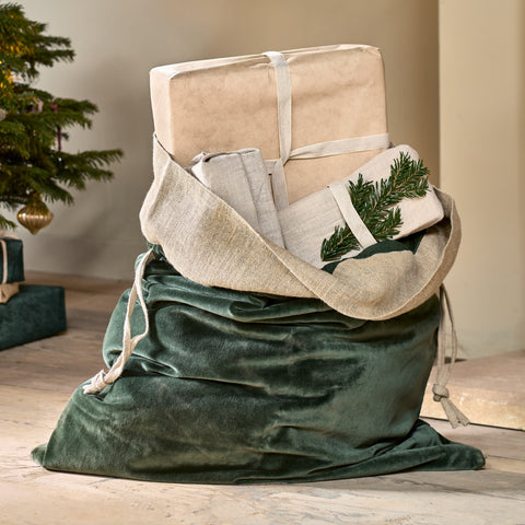 Cotton Velvet and Linen Christmas Sack - Forest Green