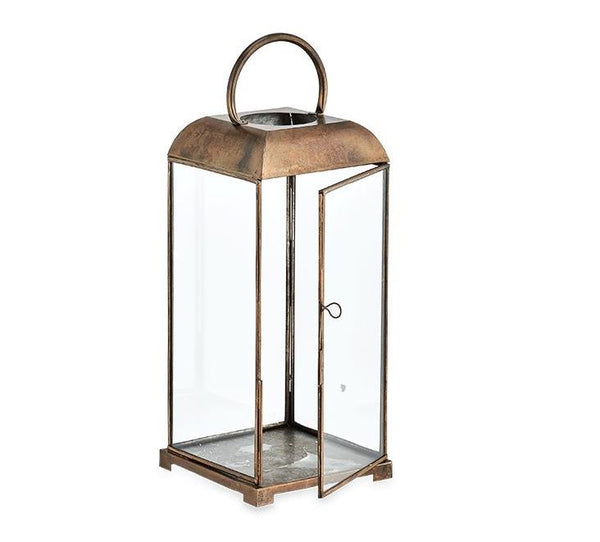Tall Antiqued Brass Metal Box Lantern - Kas - Two Sizes