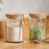 Recycled Glass Storage Jar with Wooden Lid and Wooden Spoon in Holder