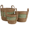 Set of Three Round Straw & Corn Baskets - Green Stripe