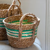 Set of Three Round Straw & Corn Baskets - Green Stripe