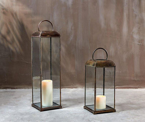 Tall Antiqued Brass Metal Box Lantern - Kas - Two Sizes