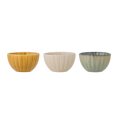 Set of Three Small Stoneware Bowls - Cream, Green, Ochre