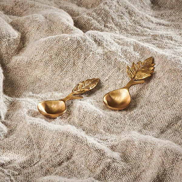 Boxed Set of Two Short-handled brass leaf spoons