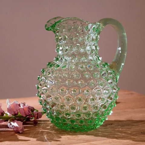 Crystal Glass Rounded Jug - Hobnail Design - Medium - Light Green