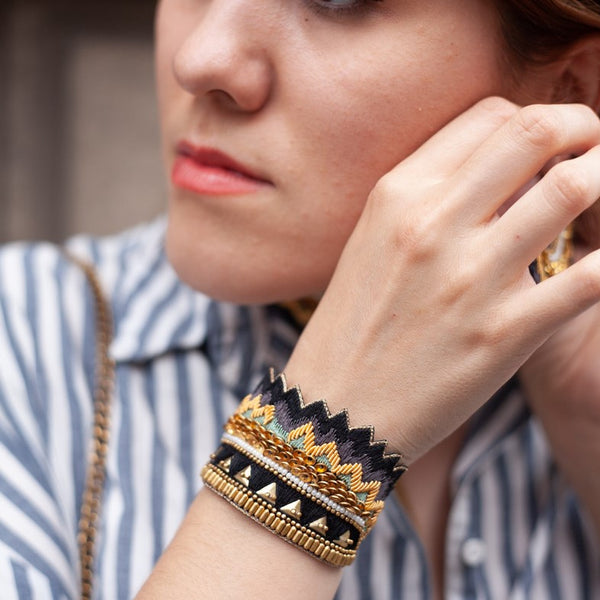 Nahua Maheswari Bracelet - Carbon - hand embroidered leather backed