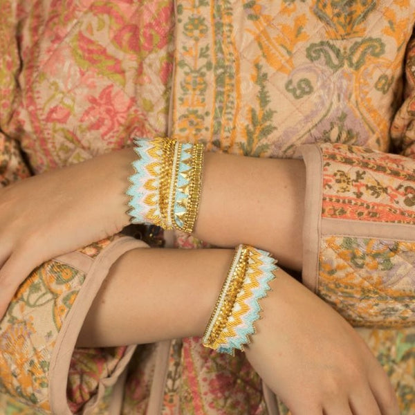 Nahua Maheswari Bracelet Frozen Pale Blue Pink Embroidered on Leather