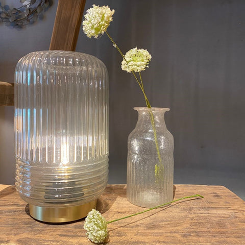 Cordless battery LED lamp light grey glass with brass base