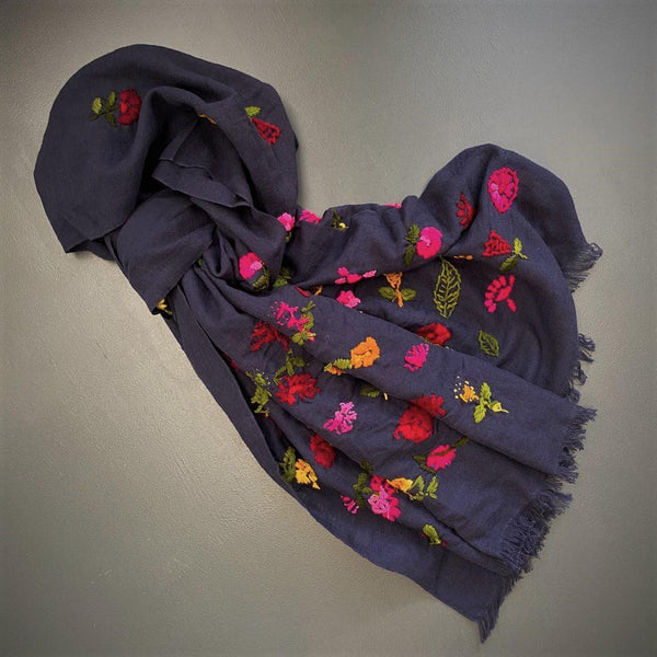 Navy Wool and cotton scarf with colourful embroidered flowers and leaves
