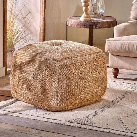 Large Square Braided Hemp Pouf