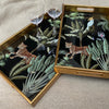 Set of Two Mirrored Trays with White Parrot Leopard and Monkey