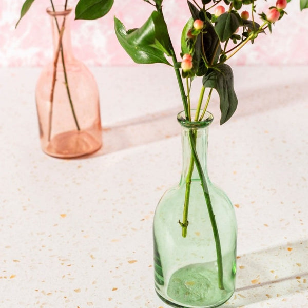 Set of two recycled glass bud vases pale green and pale pink