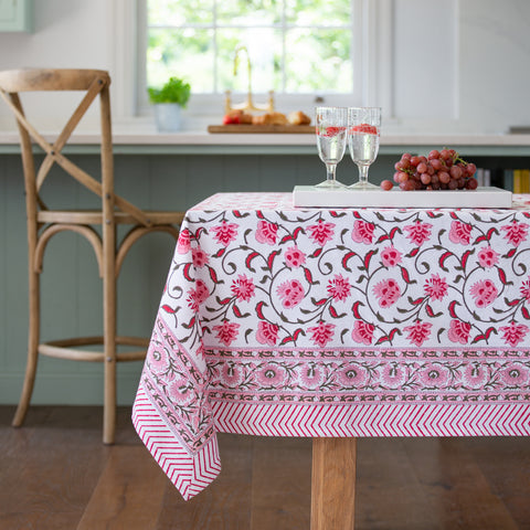 Hand Block Printed Cotton Tablecloth - Pink/Raspberry