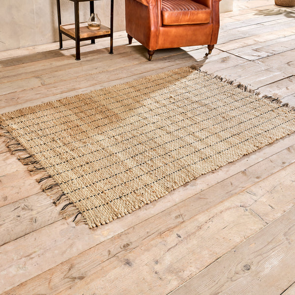 Large natural hemp rug with black thread stripe