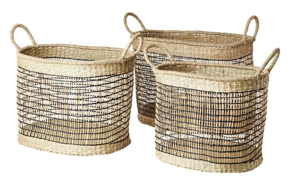 Set of Three Rectangular Seagrass Baskets - Natural and Black - Greige - Home & Garden - Chiswick, London W4 