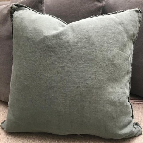 Olive Green Stonewashed Linen Cushion with Feather Filler - Greige - Home & Garden - Chiswick, London W4 