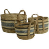 Set of Three Round Straw & Corn Baskets - Blue Stripe