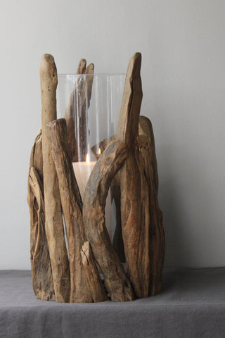 Tall Driftwood and Glass Hurricane Lamp or Vase - Two Sizes - Greige - Home & Garden - Chiswick, London W4 