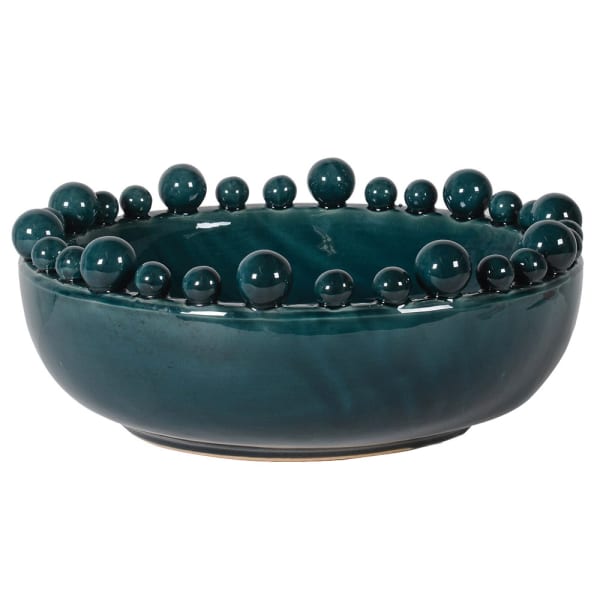 Large Teal Ceramic Bowl with Bobbles on Rim