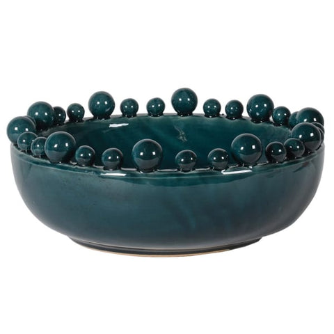 Large Teal Ceramic Bowl with Bobbles on Rim