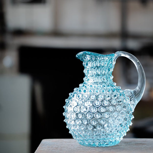 Rounded Glass Jug - Hobnail Design - Large - Underlay Aquamarine