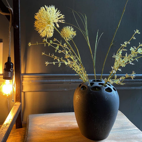 Matt Black Earthenware Vase with Holes in top