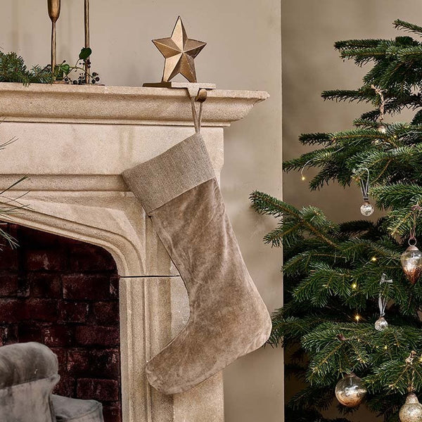 Light Silver Grey Cotton Velvet Christmas Stocking with Linen Top