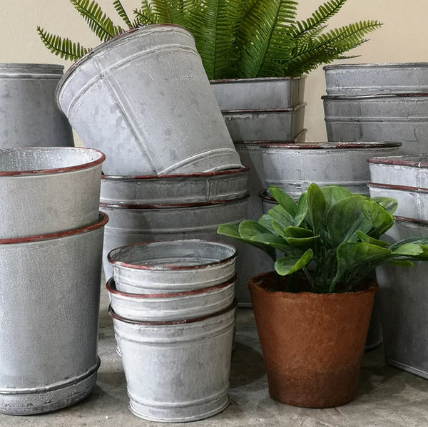 rustic aged zinc flower pot with rust trim