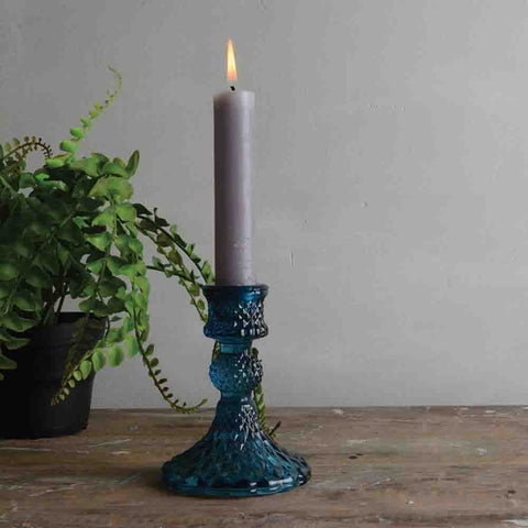Pressed Glass Diamond Design candlestick in Blue 