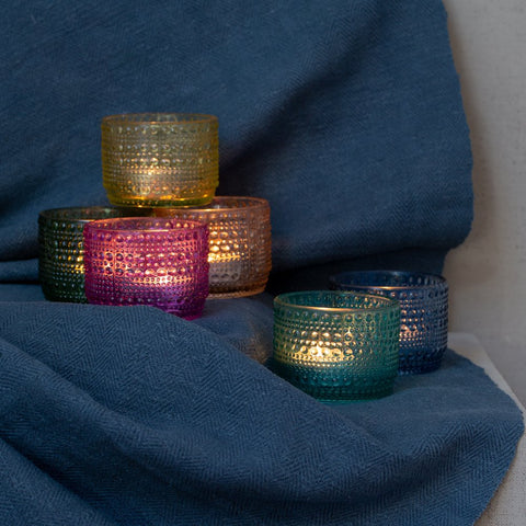 Assorted Jewel Coloured Recycled Glass Tealight Holders - Set of Six