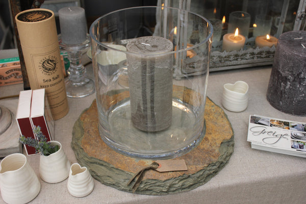 Raw Hand Cut Slate Base with Mouth Blown Glass Hurricane - Two Colours - Two Sizes - Greige - Home & Garden - Chiswick, London W4 