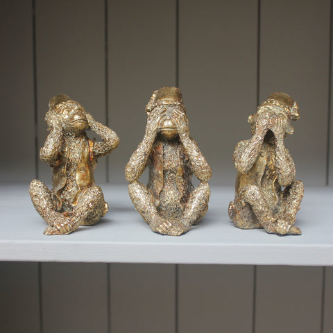 Set of Three Antiqued Gold No Evil Monkeys - Greige - Home & Garden - Chiswick, London W4 