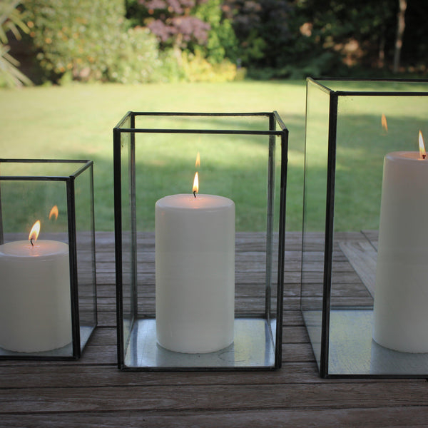 Set of Three Antiqued Metal & Glass Box Lanterns - Greige - Home & Garden - Chiswick, London W4 