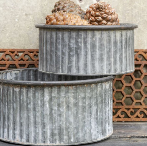 Antiqued Zinc Small Shallow Round Planters - Two Sizes